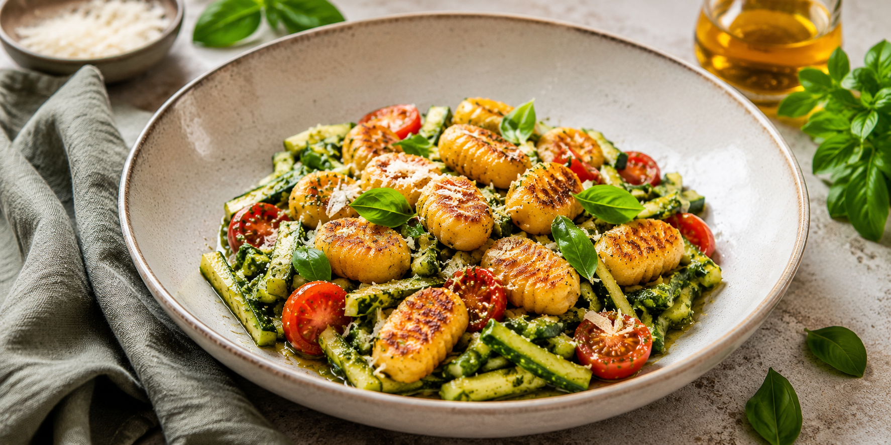 ai gegenereerde afbeelding van een bord met roergebakken courgettereepjes, gehalveerde tomaatjes en gnocchi in groene pesto